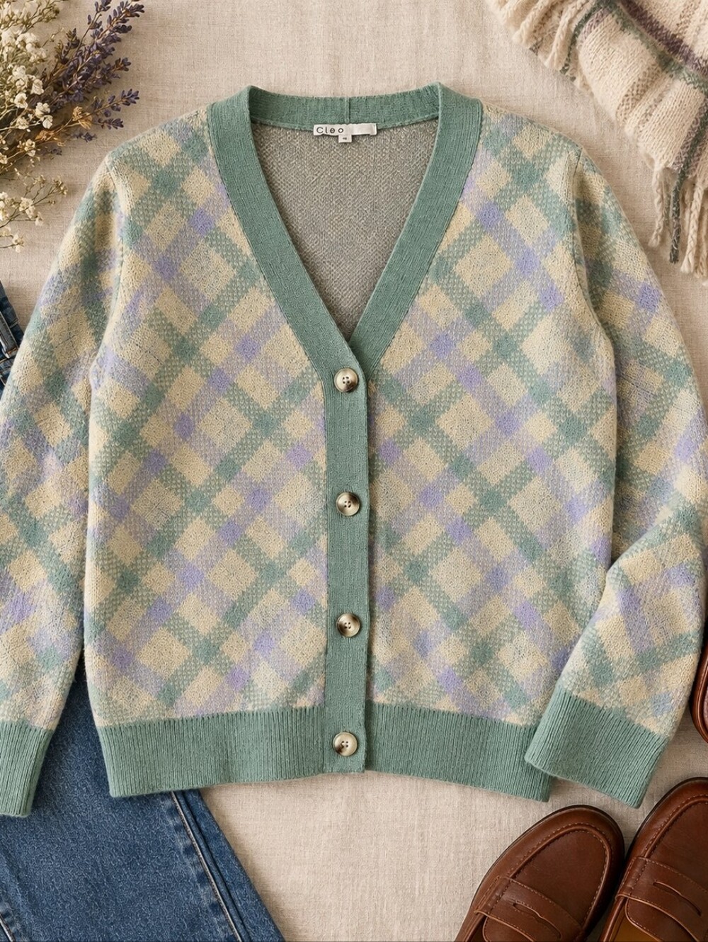Cleo Argyle Cardigan Sweater Sage Lavender Cream Preppy Academia XL